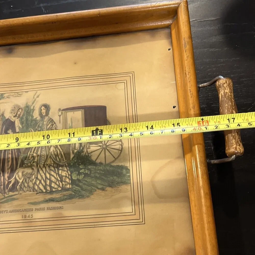 ANTIQUE GODEY LADIES Fashion Print Tray Vanity Service Wooden Glass